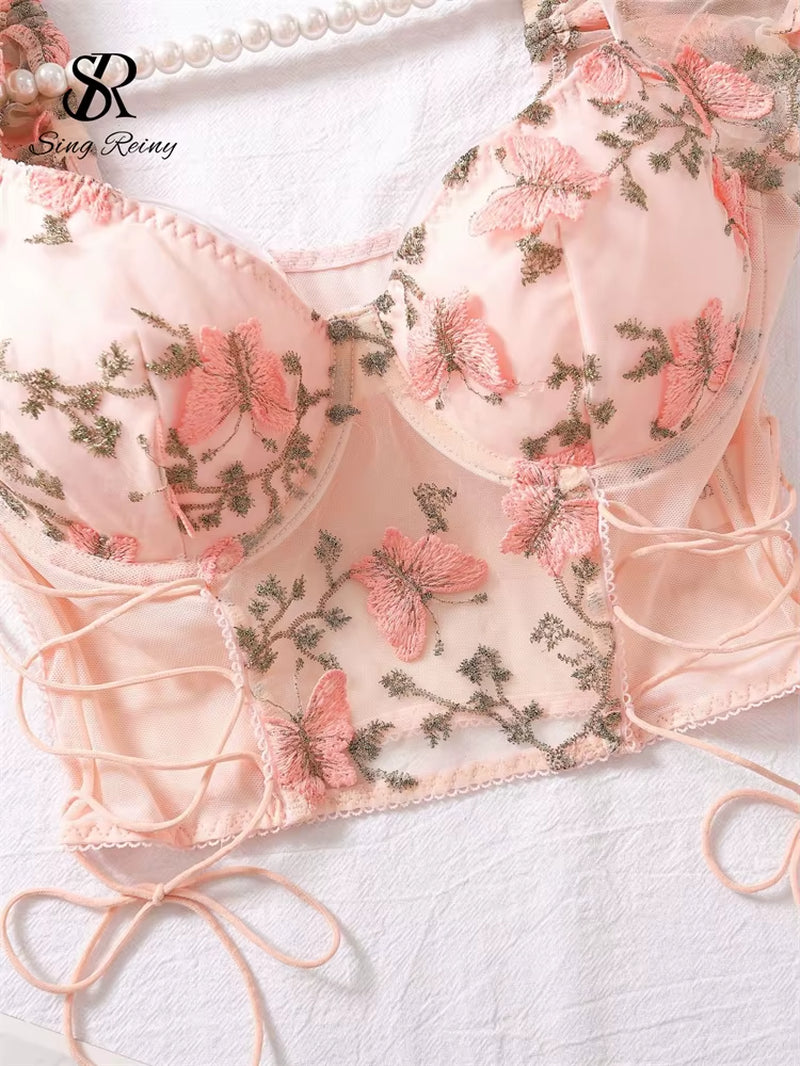 SINGREINY Mesh Sheer Sexy Underwear Suits Lace-Up Puff Sleeves Short Top+Mini Briefs Floral Embroidery Sensual Two Piece Set