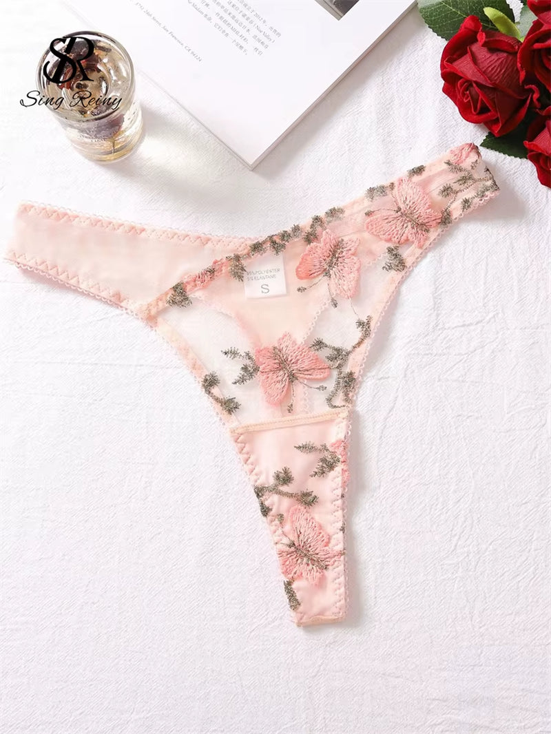 SINGREINY Mesh Sheer Sexy Underwear Suits Lace-Up Puff Sleeves Short Top+Mini Briefs Floral Embroidery Sensual Two Piece Set