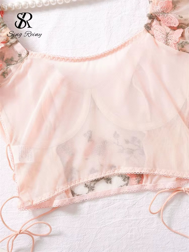 SINGREINY Mesh Sheer Sexy Underwear Suits Lace-Up Puff Sleeves Short Top+Mini Briefs Floral Embroidery Sensual Two Piece Set