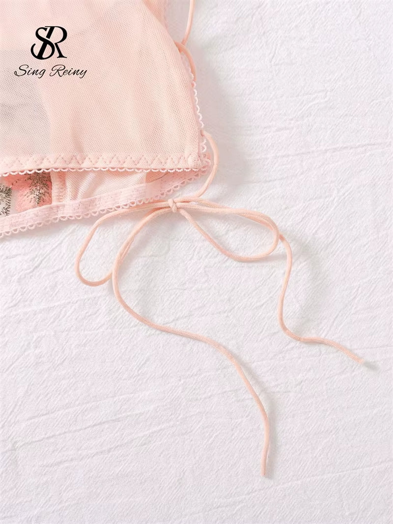 SINGREINY Mesh Sheer Sexy Underwear Suits Lace-Up Puff Sleeves Short Top+Mini Briefs Floral Embroidery Sensual Two Piece Set