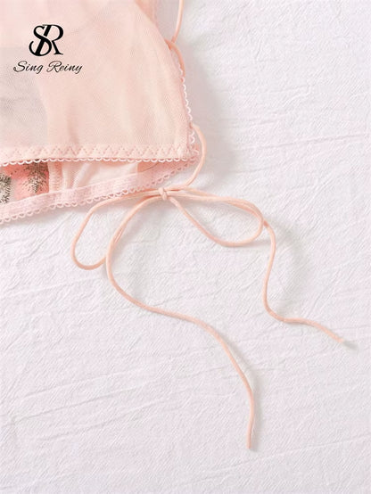SINGREINY Mesh Sheer Sexy Underwear Suits Lace-Up Puff Sleeves Short Top+Mini Briefs Floral Embroidery Sensual Two Piece Set